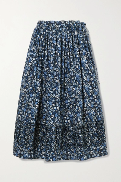 Horror Vacui Margot Ruched Floral-print Cotton-poplin Midi Skirt In Navy