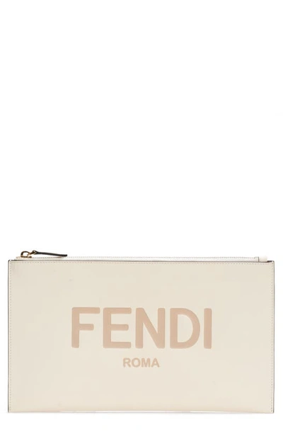 Fendi Logo Zip Leather Pouch In White