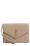 Saint Laurent Monogram Quilted Leather Clutch In Sea Salt