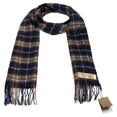 Pre-owned Burberry Dark Saphire Classic Vintage Check Cashmere Scarf In Navy Blue