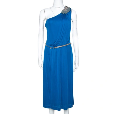 Pre-owned Fendi Blue Draped Jersey Embellished Shoulder Detail Belted Dress M