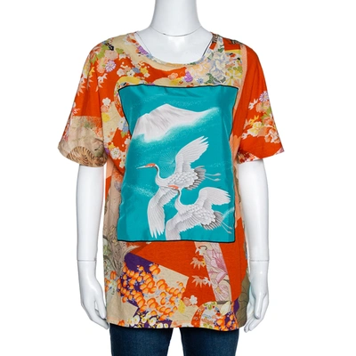 Pre-owned Gucci Orange & Teal Floral Bird Print T Shirt Xl