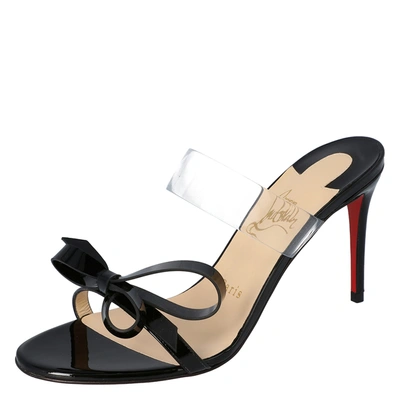 Pre-owned Christian Louboutin Black Patent Leather And Pvc Band Knot Just Nodo Mules Size 39.5