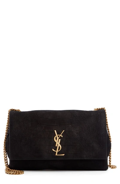Saint Laurent Medium Kate Croc Embossed Calfskin Leather Shoulder Bag In Noir