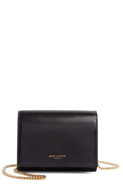 Saint Laurent Leather Card Case On A Chain In Noir