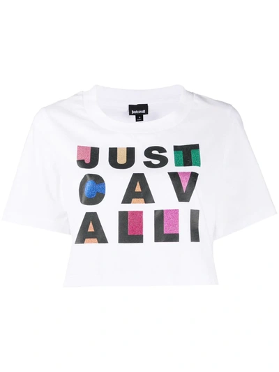 Just Cavalli Cotton Logo Print Cropped T-shirt In White