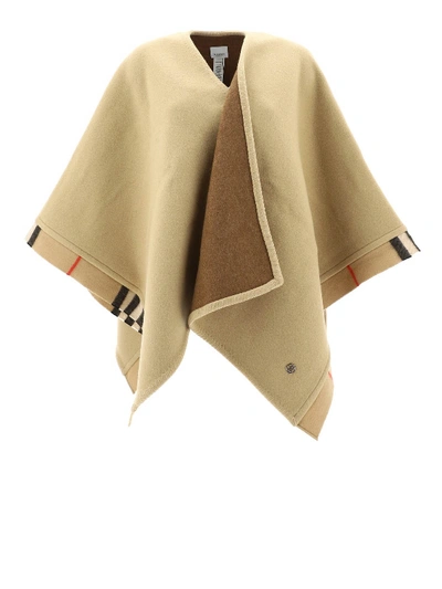 Burberry Check Trim Wool Cape In Beige