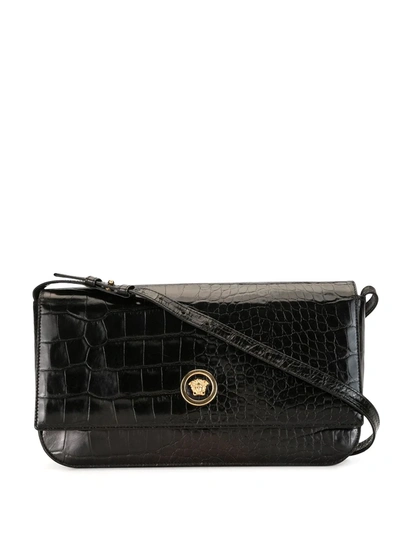 Pre-owned Versace 1990s Medusa Crocodile Effect Shoulder Bag In Black