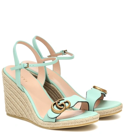 Gucci Double G Leather Espadrille Wedges In Green