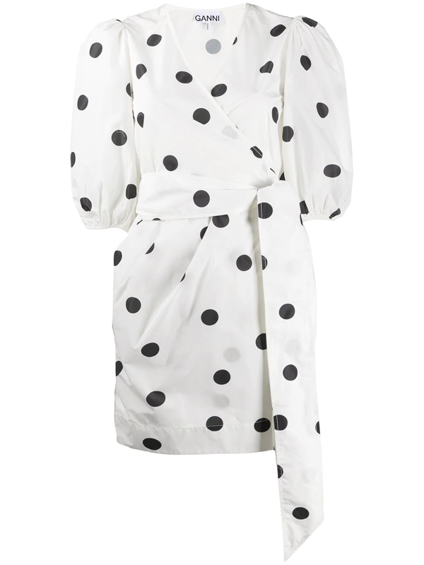 Ganni Puff-sleeved Polka-dot Recycled Polyester Dress In Egret | ModeSens