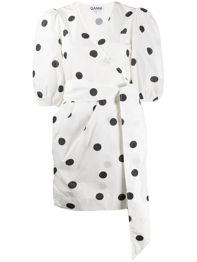 Ganni Puff-sleeved Polka-dot Recycled Polyester Dress In Multi