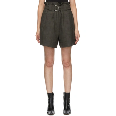 Ganni Prince Of Wales-check Belted Shorts In Grey,green