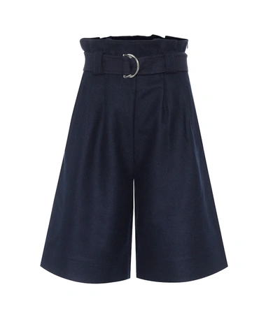 Ganni Paperbag-waist Wool-blend Bermuda Shorts In Blue