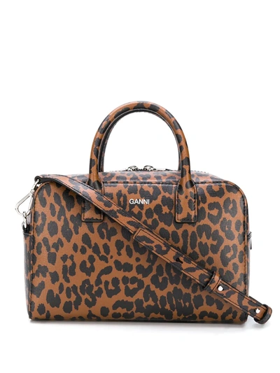 Ganni Brown Leopard Print Leather Top Handle Bag
