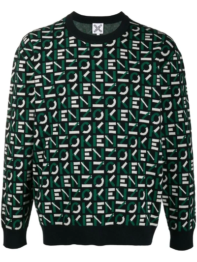 Kenzo Logo Jacquard Cotton Blend Sweater In Black,green,white