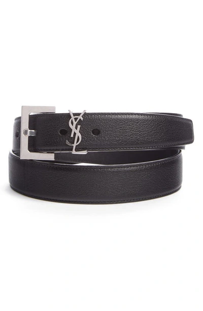 Saint Laurent 2cm Ysl Textured Leather Belt In Black