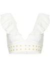 Duskii Ruffled Embroidered Ribbed Bikini Top In White