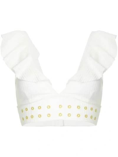 Duskii Ruffled Embroidered Ribbed Bikini Top In White