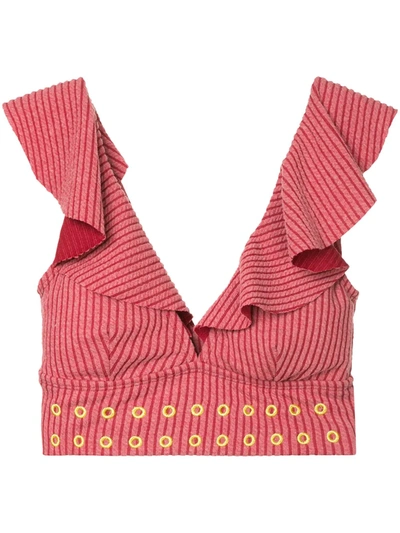 Duskii Ruffled Embroidered Ribbed Bikini Top In Red