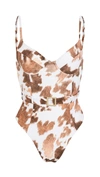 Weworewhat Danielle Belted Cow-print One-piece Swimsuit In Brown