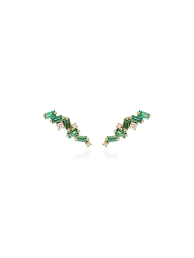 Suzanne Kalan 18kt Yellow Gold Emerald And Diamond Stud Earrings In Green