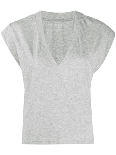 Frame Le Mid Rise V-neck Cotton T-shirt In Grey