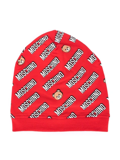 Moschino Kids' Repeat Logo Beanie In Red