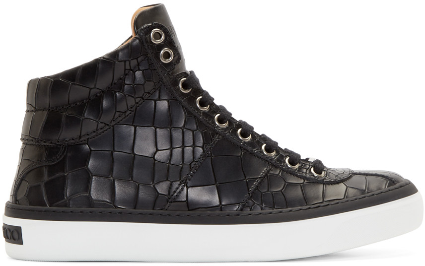 Jimmy Choo Belgravia Black Crocodile Embossed Leather Sneakers | ModeSens