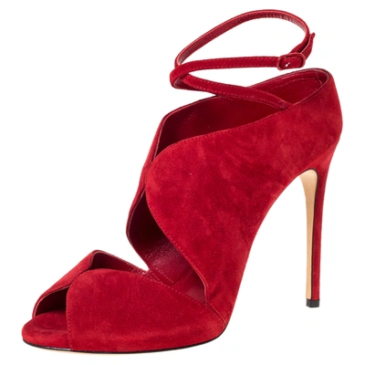 Pre-owned Casadei Red Cut Out Suede Ankle Wrap Sandals Size 37.5