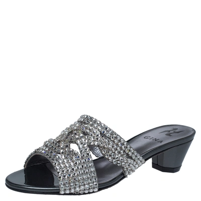 Pre-owned Gina Grey Patent Leather Crystal Embellished Slides Size 37