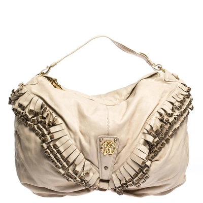 Pre-owned Roberto Cavalli Cream Leather Studded Fringe Hobo In Beige