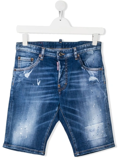 Dsquared2 Teen Distressed Denim Shorts In Blue