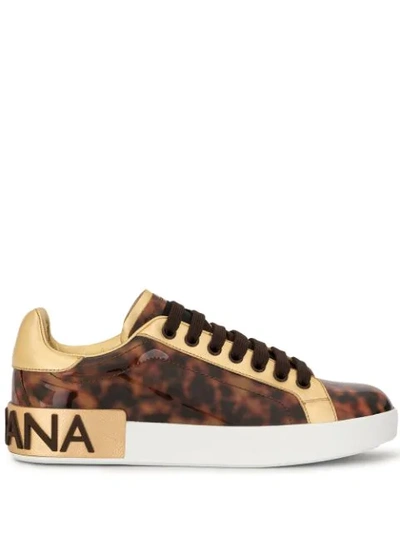 Dolce & Gabbana Brown And Gold-tone Tortoiseshell Effect Leather Sneeakers