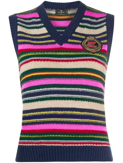 Etro Striped Wool Gilet With Embroidered Pegaso In Multicolor