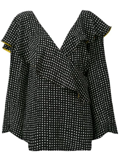 Diane Von Furstenberg Ruffled Polka-dot Silk Crepe De Chine Wrap Top In Black