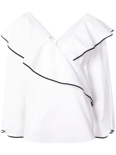 Diane Von Furstenberg Fluted-lapel Wrap Cotton Blouse In White