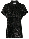 Saint Laurent Sequined Cotton-blend Jersey Polo Shirt In Black,metallic