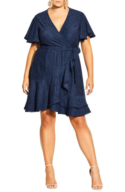 City Chic Lace Faux Wrap Minidress In Navy