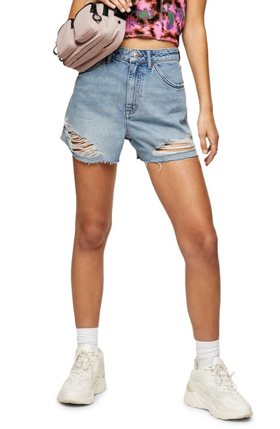 Topshop Super-rip Recycled Cotton Blend Denim Mom Shorts In Mid Blue-brown In Mid Denim