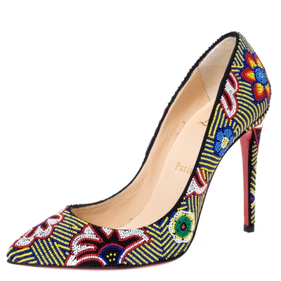 Pre-owned Christian Louboutin Multicolor Floral Beaded Fabric Miss Taos Pumps Size 37