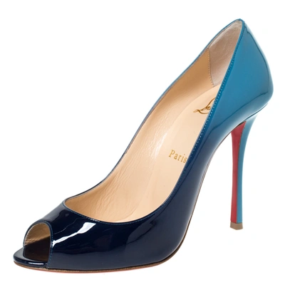 Pre-owned Christian Louboutin Two Tone Patent Leather Yootish Peep Toe Pumps Size 38.5 In Blue