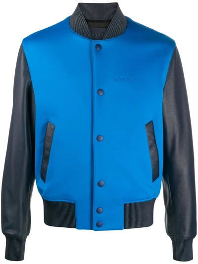 Givenchy Logo Neoprene And Leather Bomber Jacket In Blue