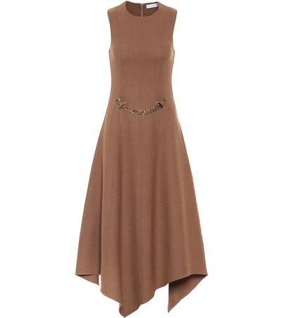 Jw Anderson Asymmetric Embellished Wool-blend Flannel Midi Dress In Brown