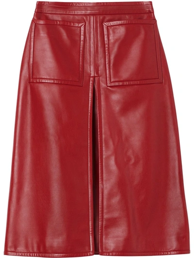 Burberry Box-pleat Detail Leather A-line Skirt In Dark Carmine