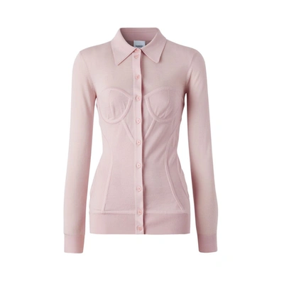 Burberry Corset Detail Knit Cashmere Silk Cardigan In Pale Pink