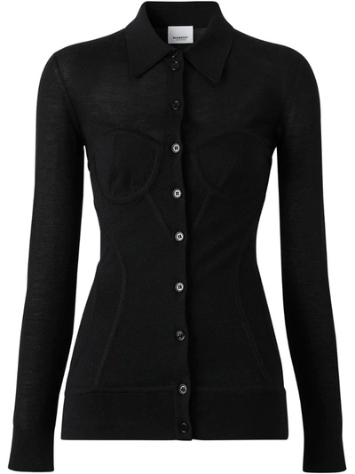 Burberry Corset Detail Knit Cashmere Silk Cardigan In Black