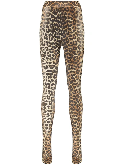 Ganni Brown Leopard Print Tights In Black