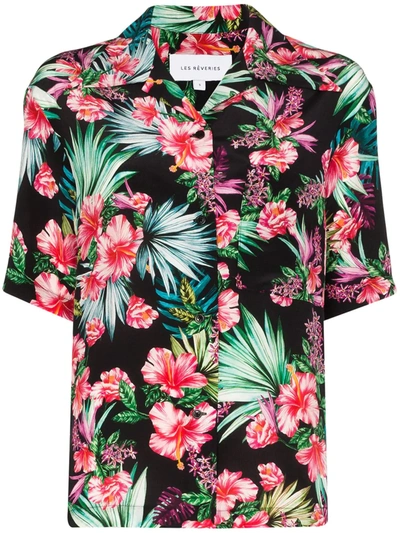 Les Rêveries Tropical Flower Print Silk Shirt In Black
