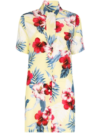 Les Rêveries Tropical Flower Print Silk Dress In Yellow