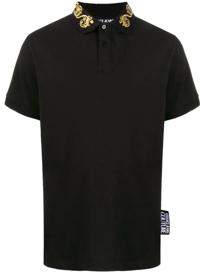 Versace Jeans Couture Baroque Collar Embroidered Logo Polo Shirt In Black